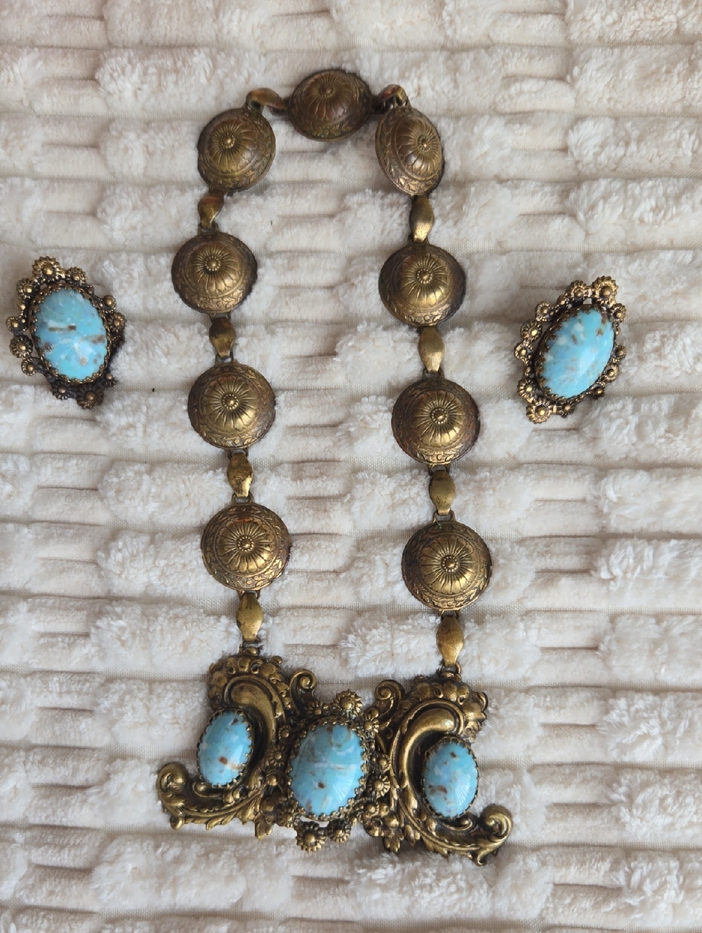Vintage Brass and Turquoise Choker W/ Earrings